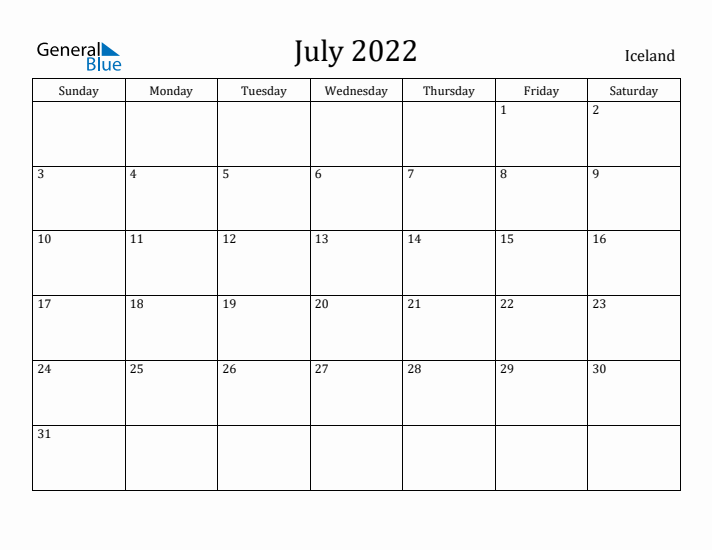 July 2022 Calendar Iceland