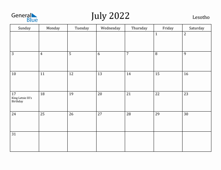 July 2022 Calendar Lesotho