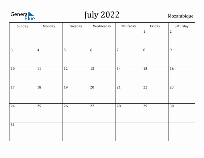 July 2022 Calendar Mozambique