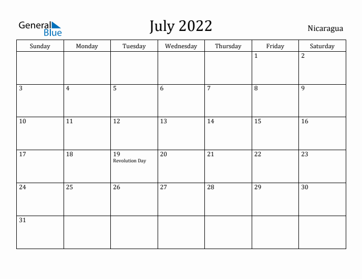 July 2022 Calendar Nicaragua