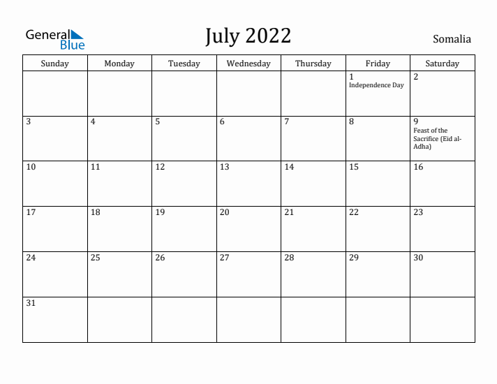 July 2022 Calendar Somalia