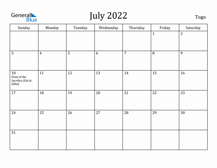 July 2022 Calendar Togo