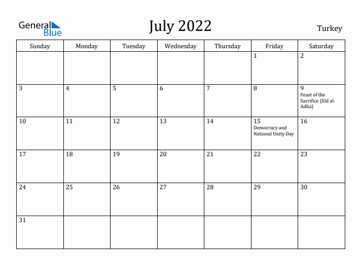 July 2022 Calendar Turkey