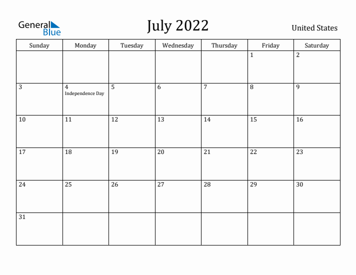 July 2022 Calendar United States