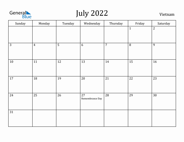 July 2022 Calendar Vietnam