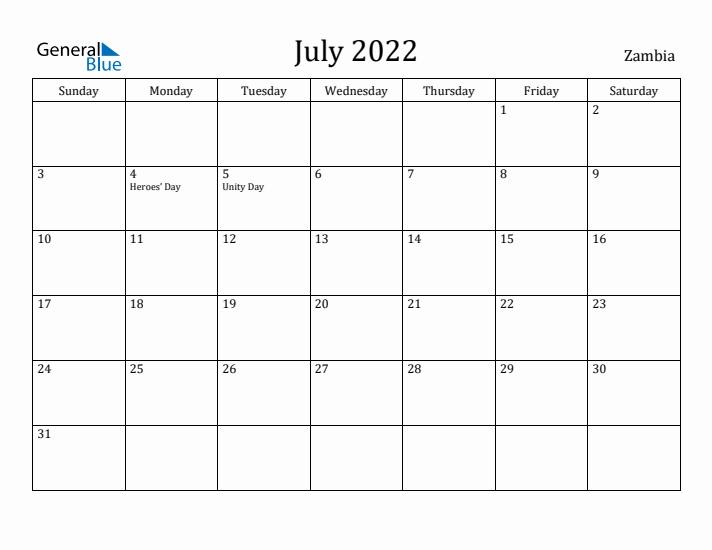 July 2022 Calendar Zambia