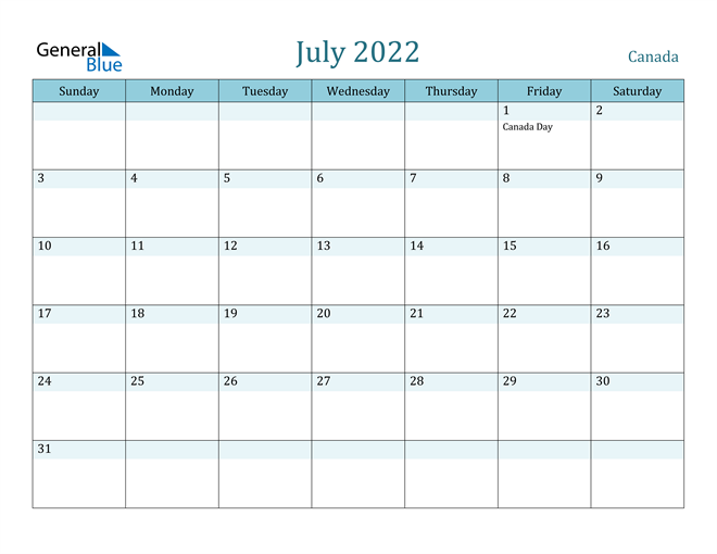 canada july 2022 calendar with holidays