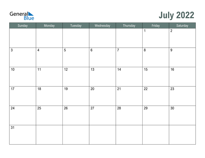  Free Printable July 2022 Calendar