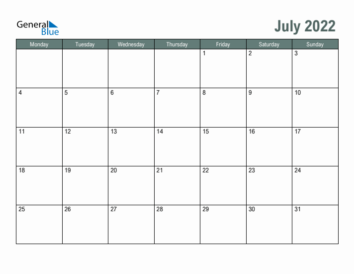 Free Printable July 2022 Calendar