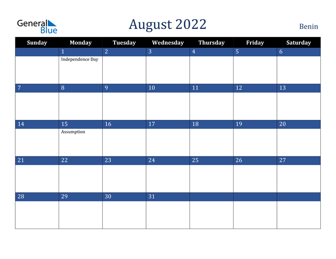 August 2022 Benin Calendar