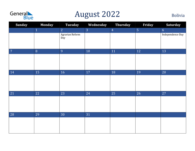 August 2022 Bolivia Calendar