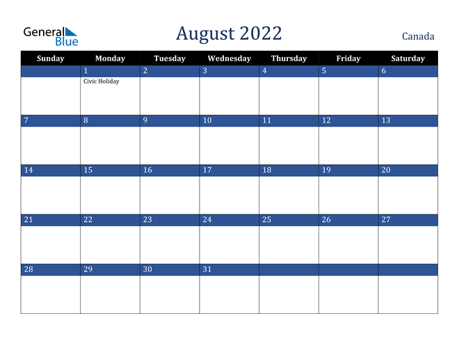August 2022 Canada Calendar