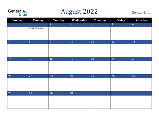 August 2022 Switzerland Calendar