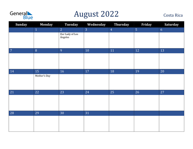 August 2022 Costa Rica Calendar