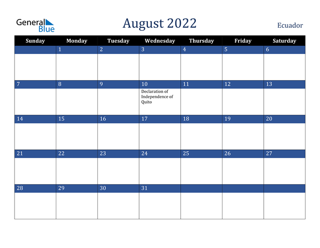 August 2022 Ecuador Calendar