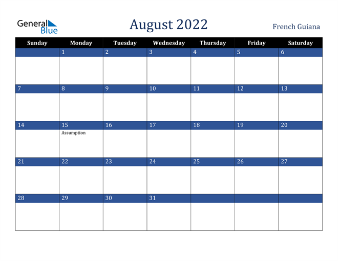 August 2022 French Guiana Calendar