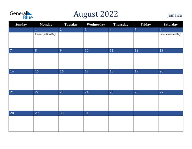 August 2022 Jamaica Calendar