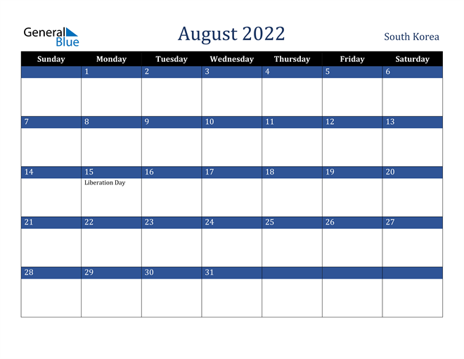 August 2022 South Korea Calendar