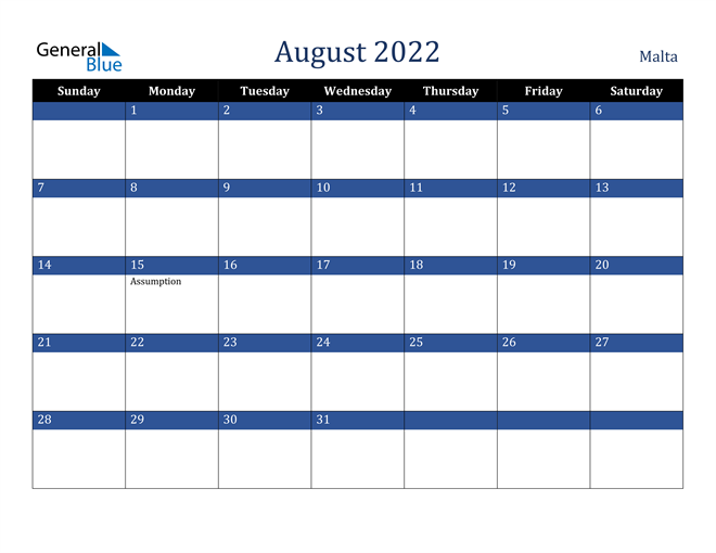 August 2022 Malta Calendar