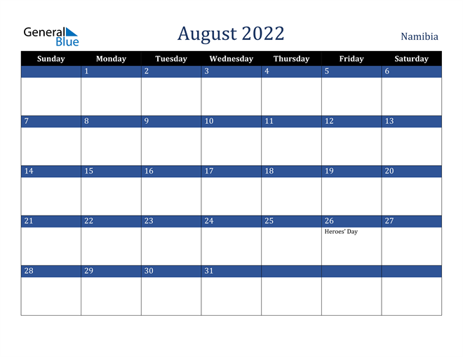 August 2022 Namibia Calendar