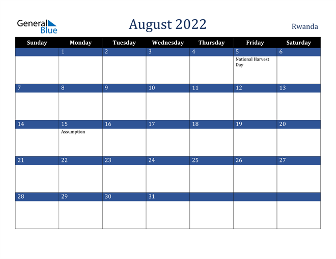 August 2022 Rwanda Calendar