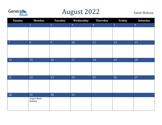 August 2022 Saint Helena Calendar