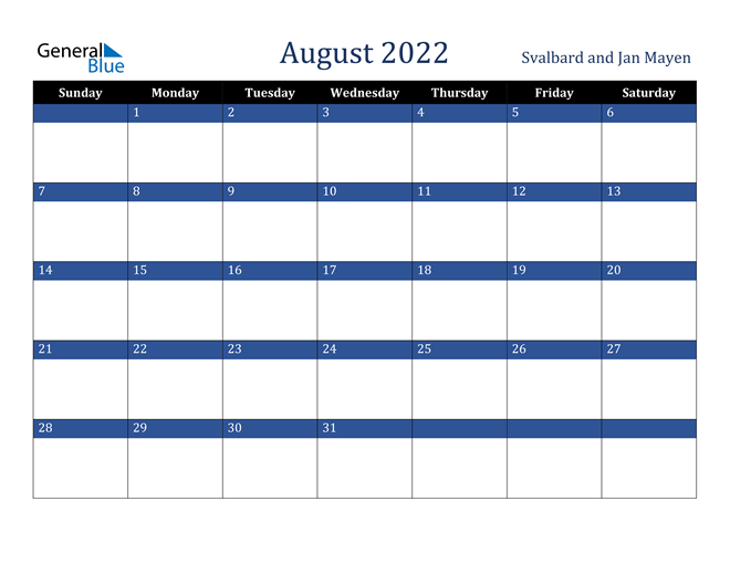 August 2022 Svalbard and Jan Mayen Calendar