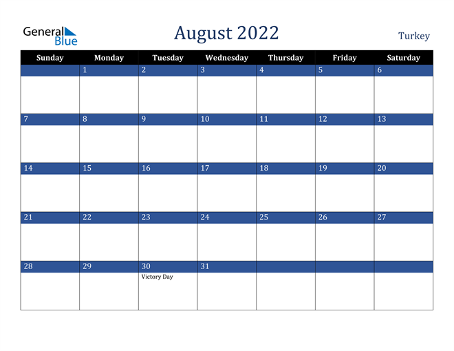 August 2022 Turkey Calendar