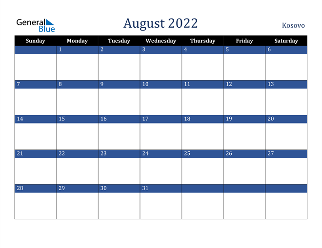 August 2022 Kosovo Calendar
