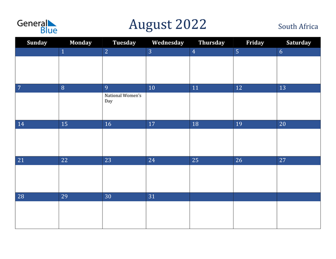 South Africa August 2022 Calendar with Holidays