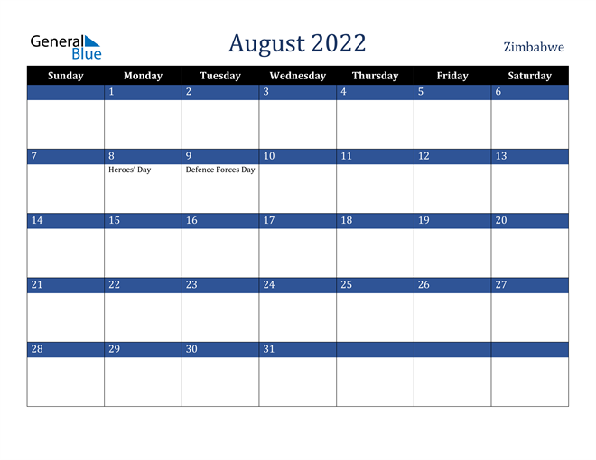 August 2022 Zimbabwe Calendar