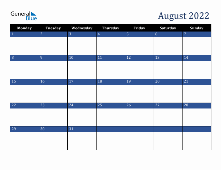 Monday Start Calendar for August 2022
