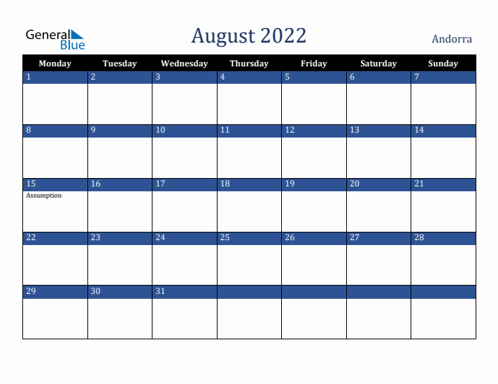 August 2022 Andorra Calendar (Monday Start)