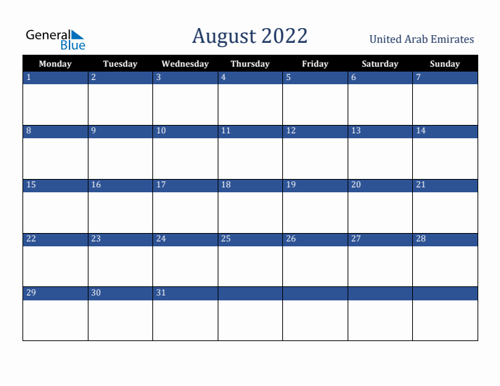 August 2022 United Arab Emirates Calendar (Monday Start)