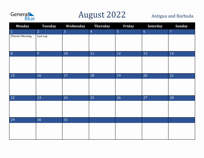 August 2022 Antigua and Barbuda Calendar (Monday Start)