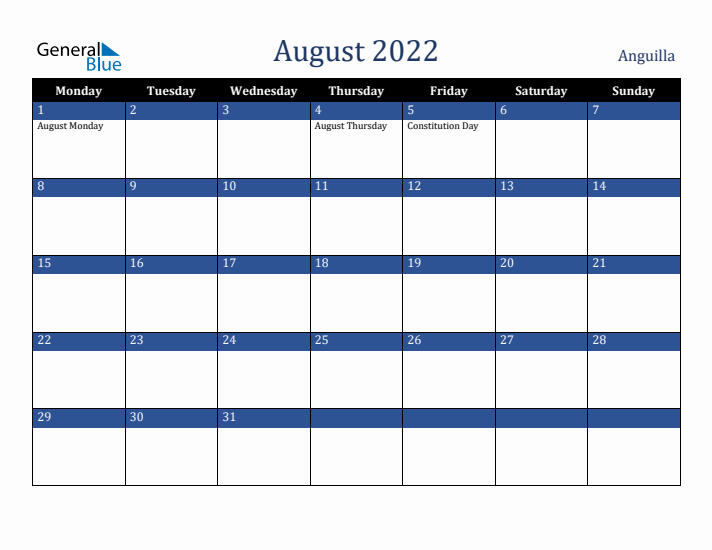 August 2022 Anguilla Calendar (Monday Start)