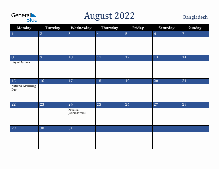 August 2022 Bangladesh Calendar (Monday Start)