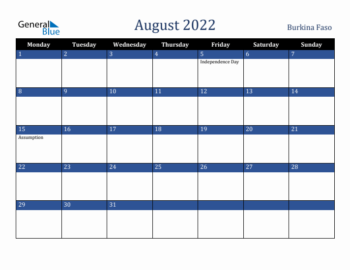 August 2022 Burkina Faso Calendar (Monday Start)