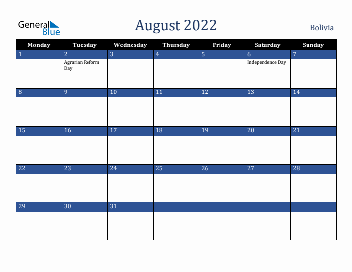 August 2022 Bolivia Calendar (Monday Start)