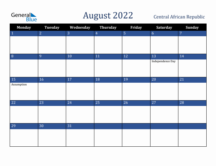 August 2022 Central African Republic Calendar (Monday Start)