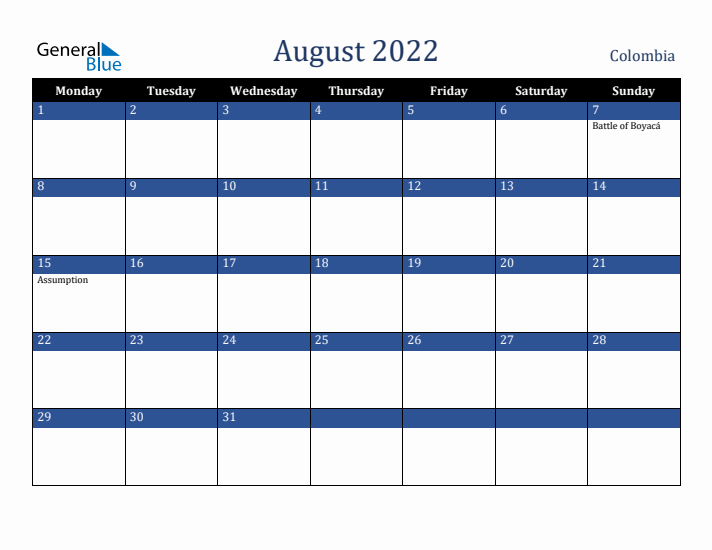 August 2022 Colombia Calendar (Monday Start)