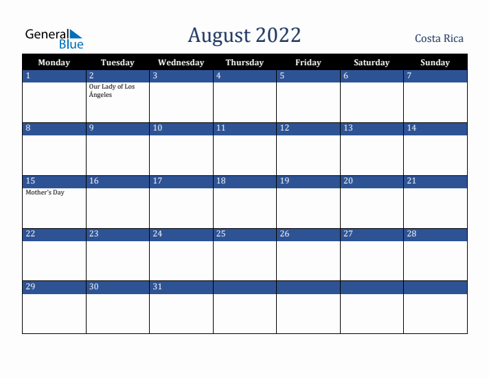 August 2022 Costa Rica Calendar (Monday Start)