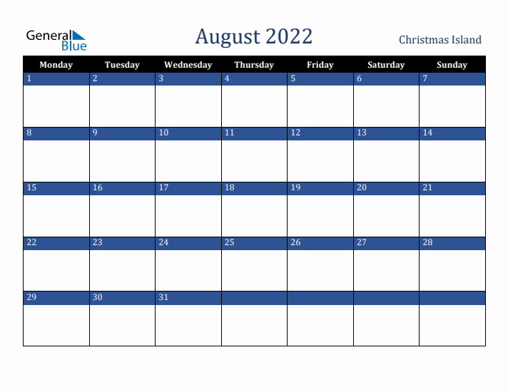 August 2022 Christmas Island Calendar (Monday Start)
