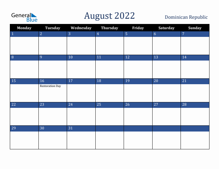 August 2022 Dominican Republic Calendar (Monday Start)