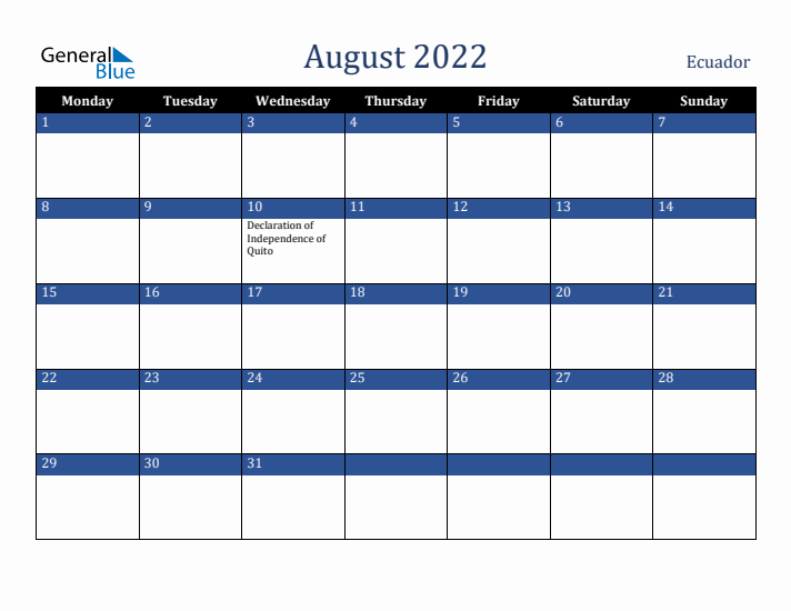 August 2022 Ecuador Calendar (Monday Start)
