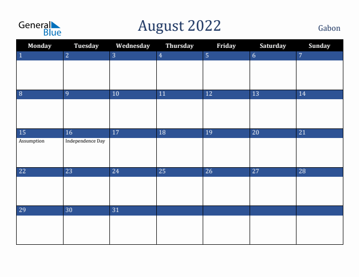 August 2022 Gabon Calendar (Monday Start)