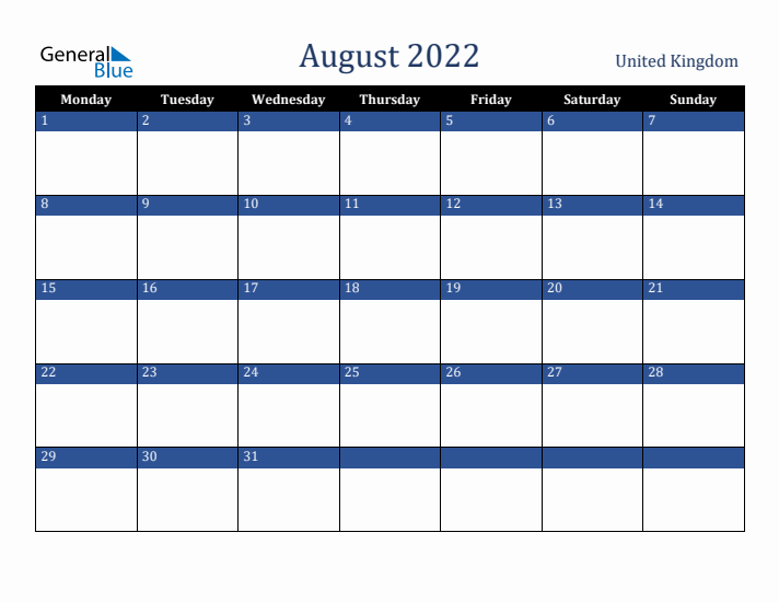 August 2022 United Kingdom Calendar (Monday Start)