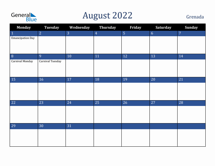 August 2022 Grenada Calendar (Monday Start)