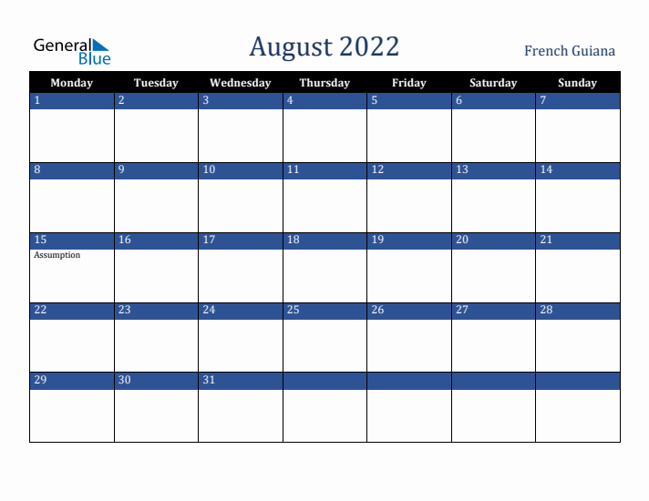August 2022 French Guiana Calendar (Monday Start)
