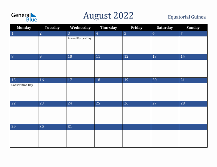 August 2022 Equatorial Guinea Calendar (Monday Start)